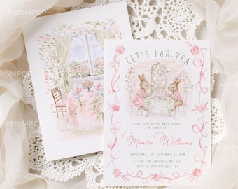 Par-Tea Bunnies Vintage Baby Shower Brunch Invitation Editable Template, Twins, Pink Florals, Coffee Party