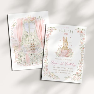 Puede incluir: Dos invitaciones en acuarela. Una representa una escena de fiesta de té con una mesa puesta para el té. La otra presenta un conejito en una taza de té, rodeado de flores, con el texto "My First Par-Tea" y "Mia's 1st Birthday".
