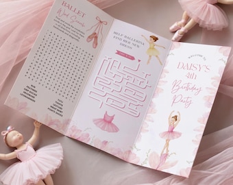 印刷可能なバレリーナの誕生日アクティビティシート編集可能なテンプレート、女の子の誕生日、バレエの塗り絵、ピンクのバレエ三つ折りアクティビティシート