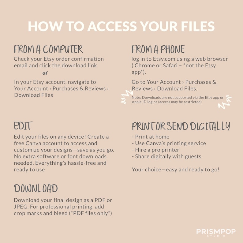 May include: A beige infographic with the title "HOW TO ACCESS YOUR FILES." Instructions are provided for accessing files from a computer and a phone, along with editing and download instructions. The text is in a clean, easy-to-read font.
