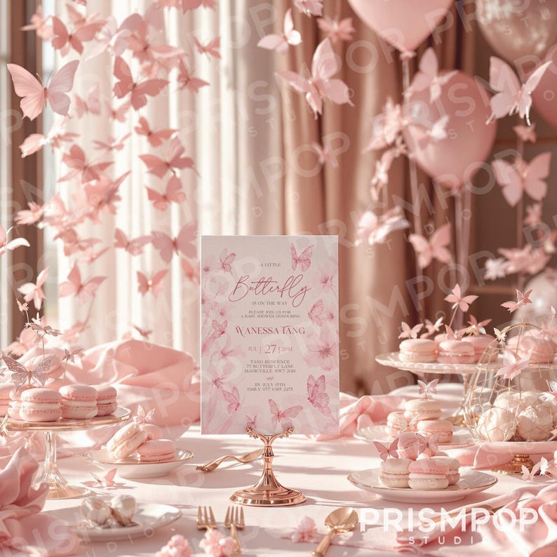 An elegant, pastel-themed setting showcases a butterfly-inspired baby shower invitation held on a gold stand, surrounded by luxurious elements including soft pink silk fabric, blush-toned balloons, and intricate paper butterfly decorations gracefully floating throughout the scene. The invitation design features delicate pastel-pink watercolor butterflies and floral details with refined typography that reads "A Little Butterfly is on the Way," celebrating Wanessa Tang.