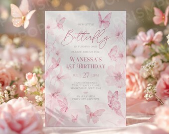 Invitación de cumpleaños de mariposa, invitación de primer cumpleaños, invitación de cumpleaños de mariposa floral, fiesta de mariposa rosa, primer cumpleaños de niña en tono rubor