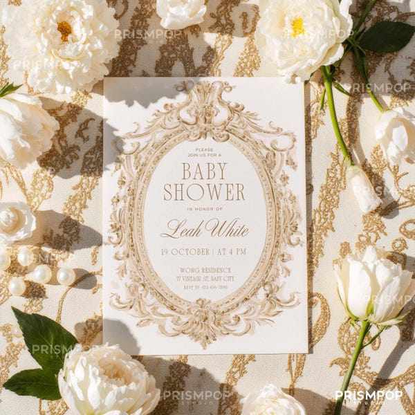 Vintage Baroque Gold Baby Shower Invitation Template, Royal French Style Bridal Shower, Gender Neutral, Grandmillenial
