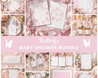Pink Butterfly Baby Shower Invitation Bundle, Printable Editable Games Template, Butterflies and Flowers Blush Decoration Baby Girl
