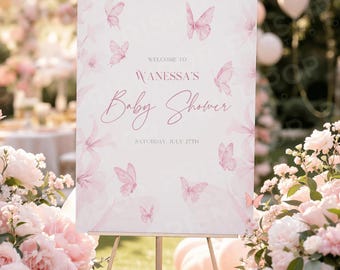 Butterfly Welcome Sign Printable, Butterfly Baby Shower Welcome Sign, Pink Butterflies Baby Shower Welcome Sign, Girl Baby Shower Blush
