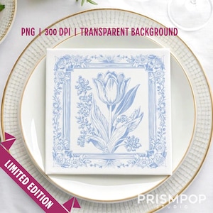 Cadre en toile de fleurs de tulipes PNG | Clipart botanique bleu vintage | Art country français | Conception de carreaux | Élégant support floral pour faire-part de mariage