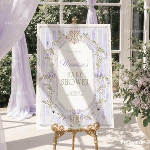 Vintage welkomstbord afdrukbaar, welkomstbord babyshower, barokke lavendel bewerkbaar welkomstbord, lila bruidsfeest in Franse stijl
