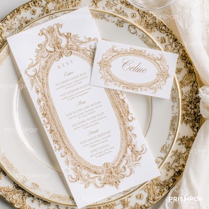 Może przedstawiać: Elegancki zestaw papeterii ślubnej z menu i winietką. Białe karty mają złote, ozdobne ramki i tekst. Menu zawiera dania takie jak wędzony łosoś i Bonet Pavlova. Winietka zawiera napis "Celine".