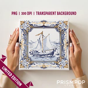 Illustrazione floreale di barca a vela PNG / Clipart nautica d'epoca della marina / Stampa artistica della marina francese / Design piastrellato / Tema reale / Costiero