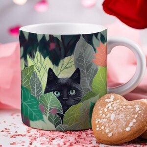 Black Cat Leaves Mug, Cat Cup, Coffee Mug, Cute Cat Coffee Mug, Funny Cat Mug, Quirky Cat, Artistic Mug Gift