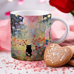 面白い黒猫マグカップ、猫カップ、グスタフ・クリムトのコーヒーマグ、かわいい猫のコーヒーマグ、面白い猫のマグカップ、風変わりな猫、芸術的なマグカップギフト