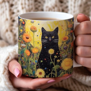 Black Cat Leaves Mug, Cat Cup, Coffee Mug, Cute Cat Coffee Mug, Funny Cat Mug, Quirky Cat, Artistic Mug Gift