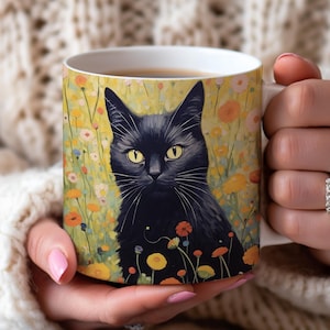 Black Cat Leaves Mug, Cat Cup, Coffee Mug, Cute Cat Coffee Mug, Funny Cat Mug, Quirky Cat, Artistic Mug Gift