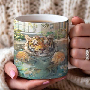 Aesthetic Tiger Mug ,Ceramic Coffee Cup with Majestic Tiger and Floral Design, Unique Animal Lover Gift