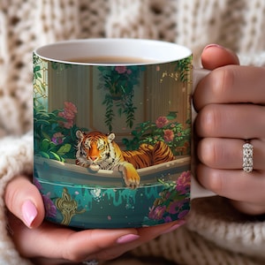 Aesthetic Tiger Mug, Ceramic Coffee Cup with Majestic Tiger and Floral Design, Unique Animal Lover Gift