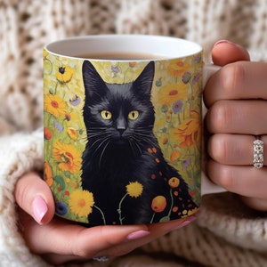 Black Cat Leaves Mug, Cat Cup, Coffee Mug, Cute Cat Coffee Mug, Funny Cat Mug, Quirky Cat, Artistic Mug Gift