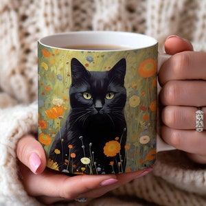 Black Cat Leaves Mug, Cat Cup, Coffee Mug, Cute Cat Coffee Mug, Funny Cat Mug, Quirky Cat, Artistic Mug Gift