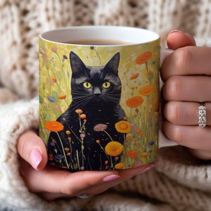 Black Cat Leaves Mug, Cat Cup, Coffee Mug, Cute Cat Coffee Mug, Funny Cat Mug, Quirky Cat, Artistic Mug Gift