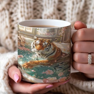 Aesthetic Tiger Mug ,Ceramic Coffee Cup with Majestic Tiger and Floral Design, Unique Animal Lover Gift