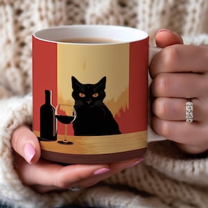 Black Cat Wine Mug, Cat Cup, Fall Coffee Mug, Cute Cat Coffee Mug, Funny Cat Mug, Quirky Cat, Artistic Mug Gift