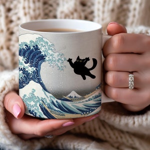 黒猫マグカップ、猫カップ、面白い猫コーヒーマグ、葛飾北斎コーヒーマグ、面白い猫マグカップ、風変わりな猫、芸術的なマグカップギフト
