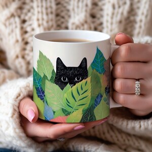 Black Cat Leaves Mug, Cat Cup, Coffee Mug, Cute Cat Coffee Mug, Funny Cat Mug, Quirky Cat, Artistic Mug Gift