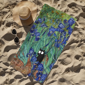 Toalla de playa con diseño de gato, lirios de Van Gogh, regalo para amantes de los gatos, manta de playa artística, toalla de verano