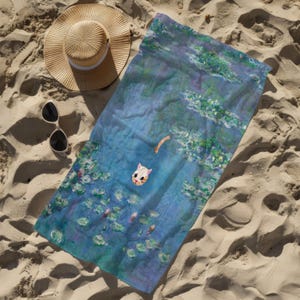 Toalla de playa con diseño de gato blanco, Nenúfares de Monet, regalo para amantes de los gatos, manta de playa artística, toalla de verano