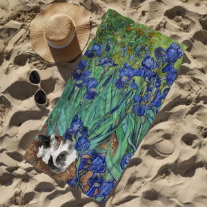 Toalla de playa con diseño de gato, lirios de Van Gogh, regalo para amantes de los gatos, manta de playa artística, toalla de verano