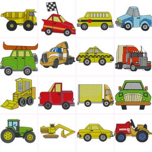 Cars Kids Cartoon  Digital Machine Embroidery Files Set of 16  Dst,Exp,Hus,Jef,Pes,Vip,Xxx . Fits 4 x4 Inch Frame
