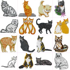 May include: A collection of 14 embroidered cat designs in various poses and colors, including black, white, orange, gray, and brown. The cats are depicted in a variety of styles, from realistic to cartoonish.