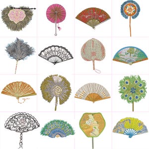 May include: A collection of 16 different fans, each with a unique design. The fans are made of various materials, including feathers, lace, and paper. Some of the fans are decorated with intricate patterns, while others are more simple. The fans are all in various colors, including pink, blue, green, yellow, and red.