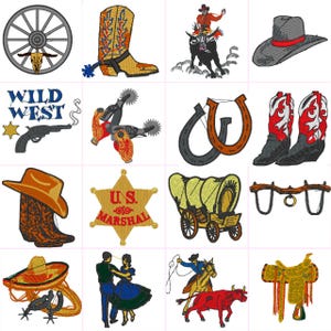 Puede incluir: Una colección de 12 diseños bordados con temas del oeste. Los diseños incluyen una rueda de carro, botas de vaquero, un vaquero montando un toro, una herradura, un sombrero de vaquero, un par de espuelas, una insignia de alguacil estadounidense, un carro, una silla de montar, una pareja bailando, un vaquero lastrando un toro y un sombrero.