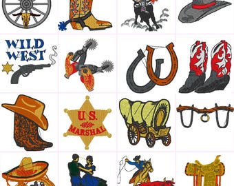 Wild West Cowboy Western Digital Embroidery Files Set of 16  Dst,Exp,Hus,Jef,Pes,Vip,Xxx  Fits 4 x4 Inch Frame