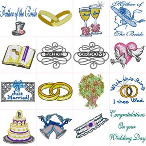 May include: A set of 12 embroidery designs for wedding celebrations. The designs include rings, doves, a bouquet, a cake, a book, a hat, glasses, and more. The designs are in various colors, including gold, silver, blue, pink, and green.