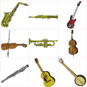 May include: A set of nine musical instruments, including a saxophone, trumpet, violin, double bass, guitar, banjo, and flute. The instruments are all in different colours and styles.