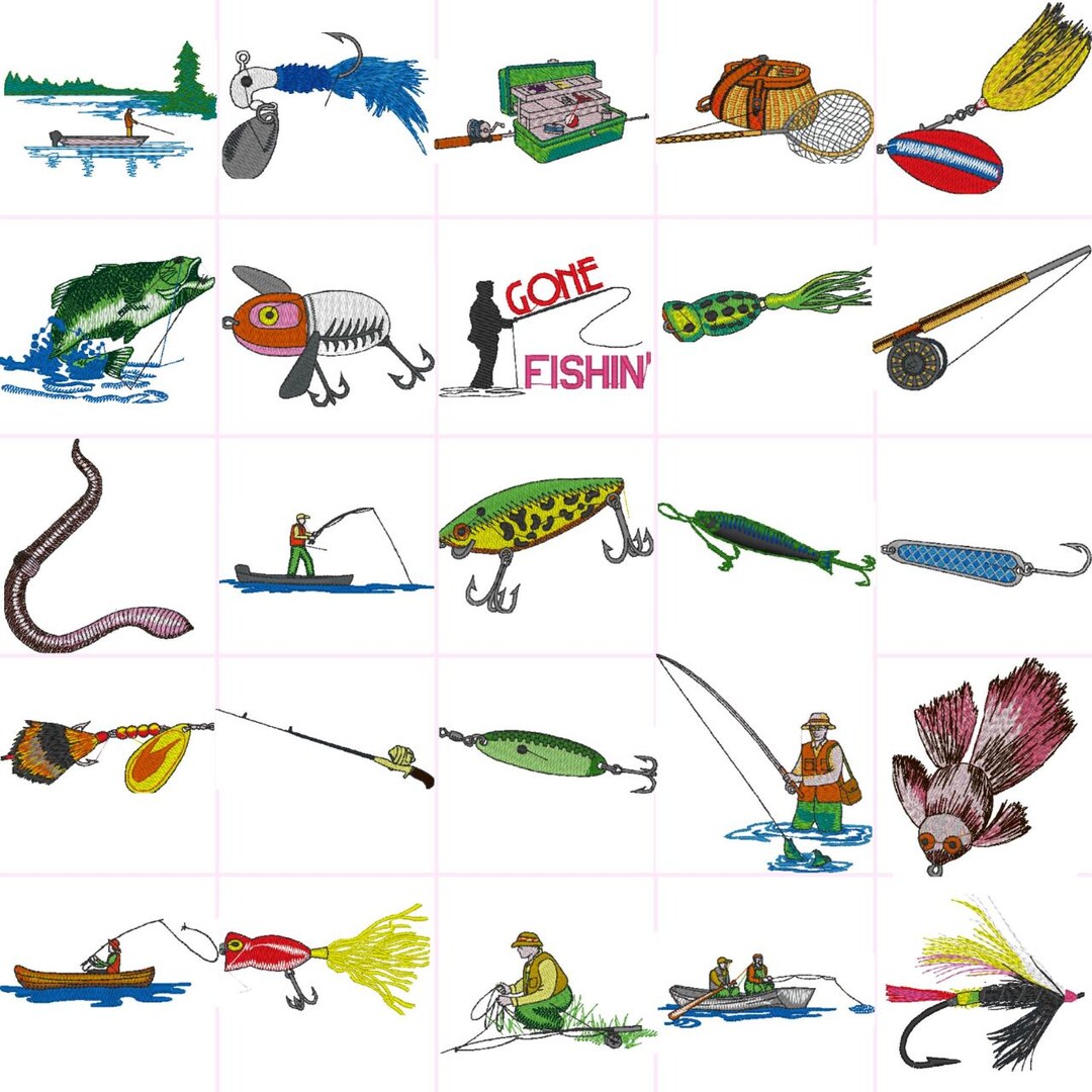 Gone Fishing Flies Rod Fisherman Hook Digital Embroidery Files Set of ...