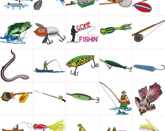 Gone Fishing Flies Rod Fisherman Hook Digitale borduurbestanden Set van 25 Dst,Exp,Hus,Jef,Pes,Vip,Xxx. Past op een lijst van 4 x 4 inch