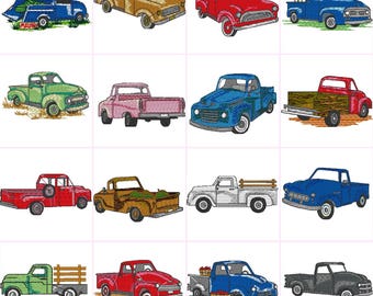 Vintage Trucks Cars USA American  Digital Machine Embroidery Files Set of 16  Dst,Exp,Hus,Jef,Pes,Vip,Xxx . Fits 4 x4 Inch Frame