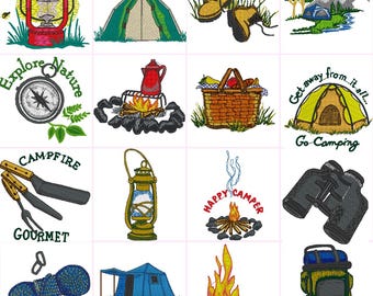 Camping Hiking Go Outdoors Tent Digital Machine Embroidery Files Set of 16 Dst,Exp,Hus,Jef,Pes,Vip,Xxx . Fits 4 x4 Inch Frame