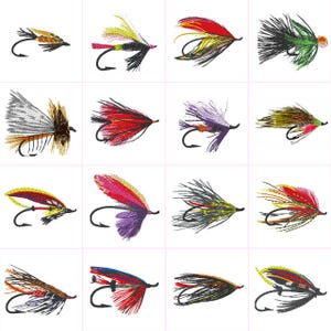 May include: Twelve different fly fishing lures with various colours and feather patterns. The lures are arranged in a grid pattern on a white background.