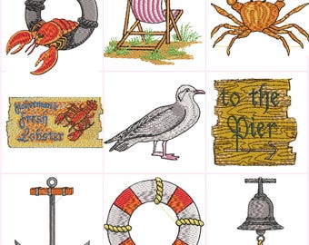 Beach Sea Shore Seaside Coast Pier Digital Machine Embroidery Files Set of 9 Dst,Exp,Hus,Jef,Pes,VP3,Xxx  Fits 4 x4 Inch (100 x 100mm) Frame