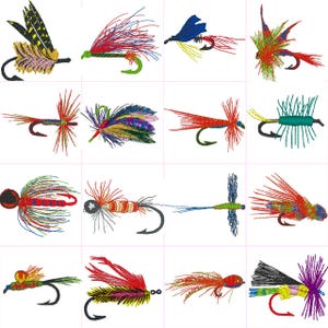 Fishing Flies Digital Embroidery Files Set of 16  ( Set 2 ) Dst,Exp,Hus,Jef,Pes,Vip,Xxx . Fits 4 x4 Inch Frame