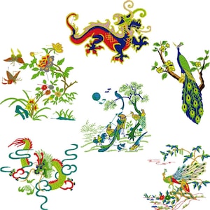 May include: A colorful embroidery design featuring a green dragon, a blue peacock, and a variety of birds and flowers. The design is perfect for adding a touch of Asian-inspired art to any project.