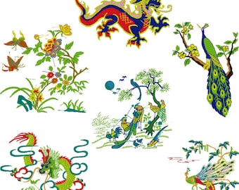 Oosters Chinees Japans Aziatisch digitale borduurbestanden Set van 6 Dst,Exp,Hus,Jef,Pes,Vip,Xxx. Past op lijst van 5 x 7 inch (130 x 180 mm)
