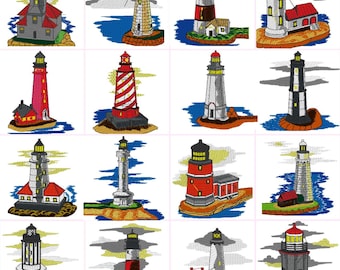 Lighthouses Out to Sea digitale borduurbestanden Set van 16 Dst,Exp,Hus,Jef,Pes,Vip,Xxx. Past op lijst van 4 x 4 inch (100 x 100 mm)