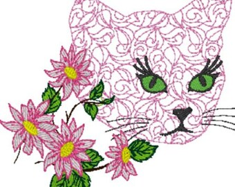 Decoratieve kattenvulling met bloemen Past op hoepels van 4 x 4 (100 x 100 mm) Dst,Exp,Hus,Jef,Pes,Vip,Xxx