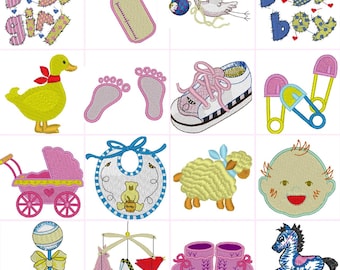 Nieuw babymeisje jongen rammelaar fles ooievaar digitale borduurbestanden set van 16 Dst,Exp,Hus,Jef,Pes,Vip,Xxx. Past op lijst van 4 x 4 inch (100 x 100 mm)