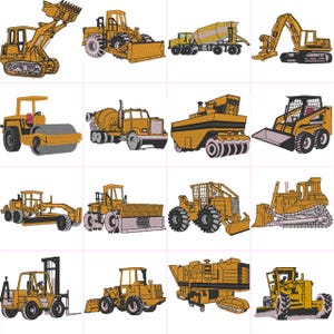 Könnte beinhalten: Eine Sammlung von 14 gelben Baumaschinen, darunter ein Bulldozer, ein Bagger, ein Baggerlader, eine Planierraupe, ein Gabelstapler und ein Betonmischer-LKW. Die Fahrzeuge sind alle im Cartoon-Stil gehalten und vor einem weißen Hintergrund platziert.