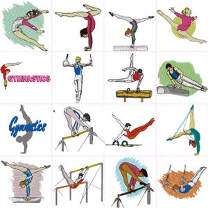 Puede incluir: Una colección de 12 ilustraciones que representan diferentes poses de gimnasia y equipos. Las ilustraciones son de estilo de dibujos animados y presentan tanto gimnastas masculinos como femeninos. El equipo incluye una viga de equilibrio, barras asimétricas, barras paralelas, caballo con arcos, anillos y un ejercicio de suelo.